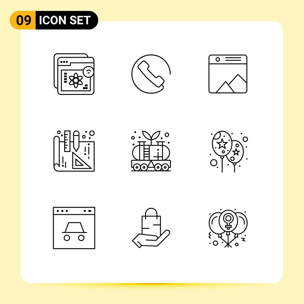 Pack of 9 Modern Outlines Signs and Symbols for Web Print Media such as oil energy phone interior design web Editable Vector Design Elements