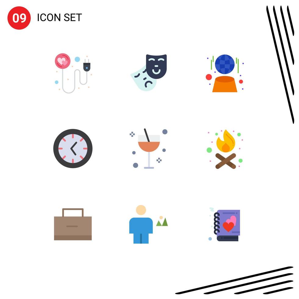 conjunto moderno de 9 colores planos y símbolos como elementos de diseño vectorial editables de reloj de cóctel de globo de cristal de hoguera vector