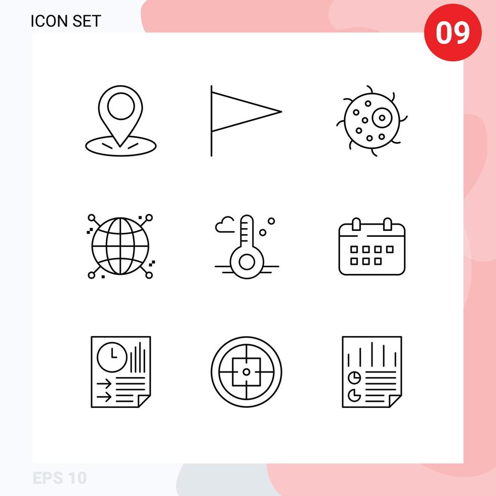 Pack of 9 Modern Outlines Signs and Symbols for Web Print Media such as spring thermometer cell temperature globe Editable Vector Design Elements