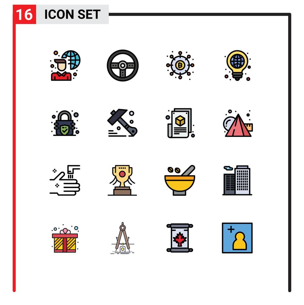 Pack of 16 Modern Flat Color Filled Lines Signs and Symbols for Web Print Media such as pen globe distribution bulb payments Editable Creative Vector Design Elements