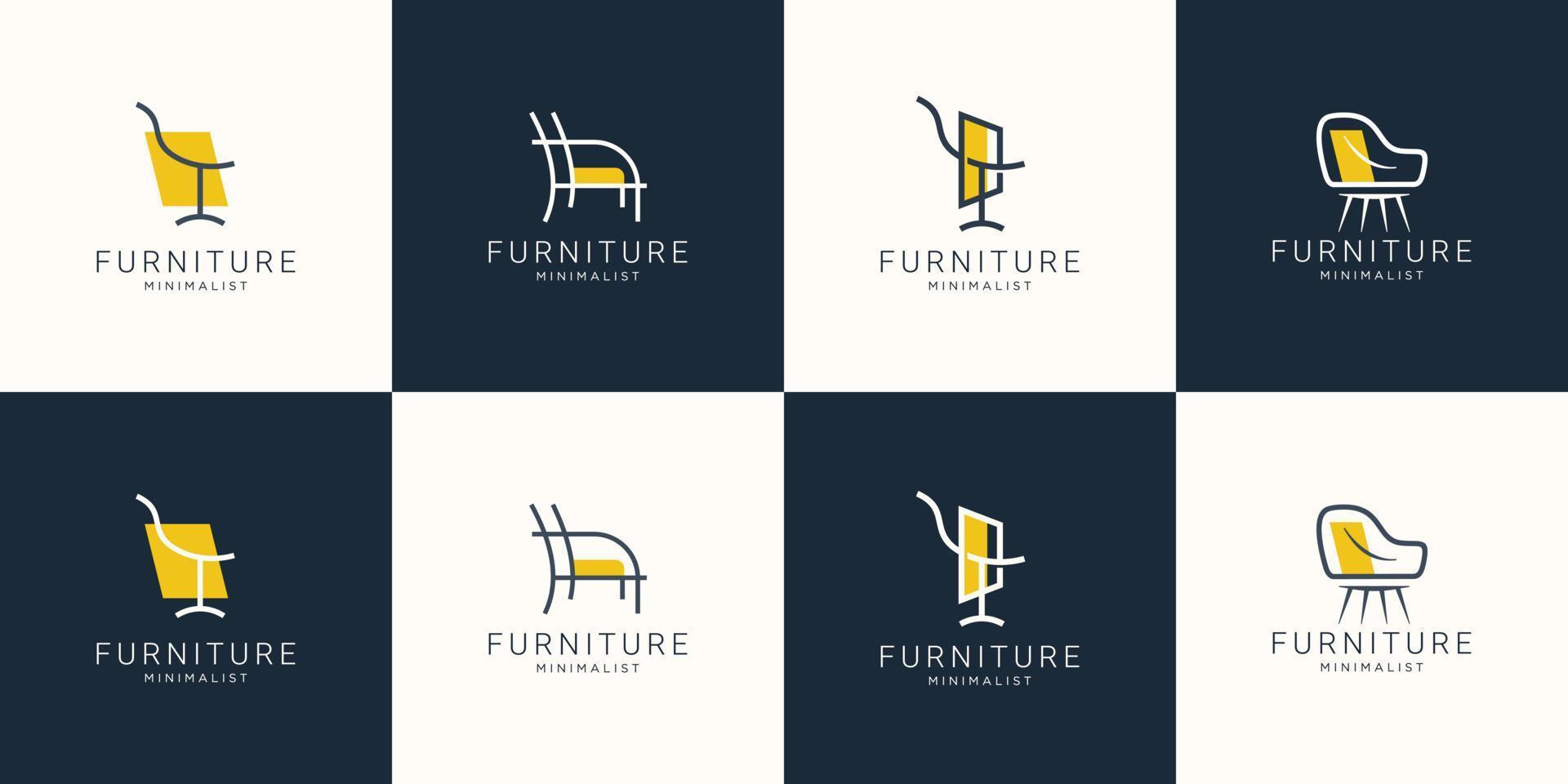 conjunto de logotipo de muebles minimalistas con silla para diseño de logotipo store.outline, estilo, línea.resumen, interior, monograma, ilustración de plantilla de diseño de mobiliario. vector premium