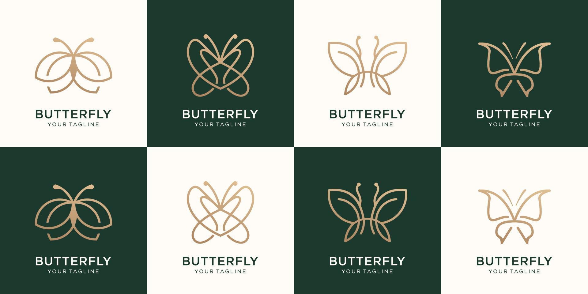 conjunto de diseño de logotipo de estilo de arte de línea minimalista de mariposa. belleza, spa de lujo, naturaleza, oro. vector premium