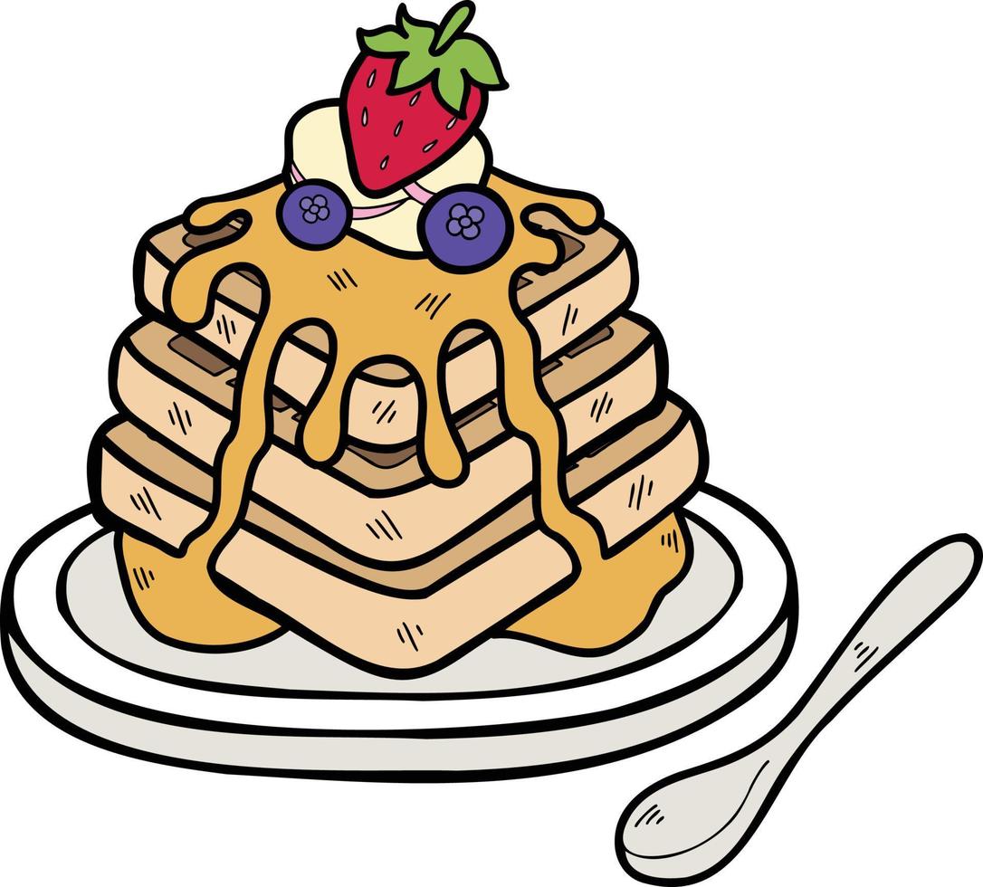 Hand Drawn Honey waffles with strawberries illustration vector