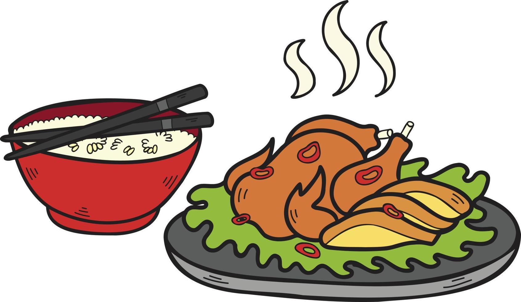 arroz dibujado a mano con pollo a la parrilla ilustración de comida china y japonesa vector