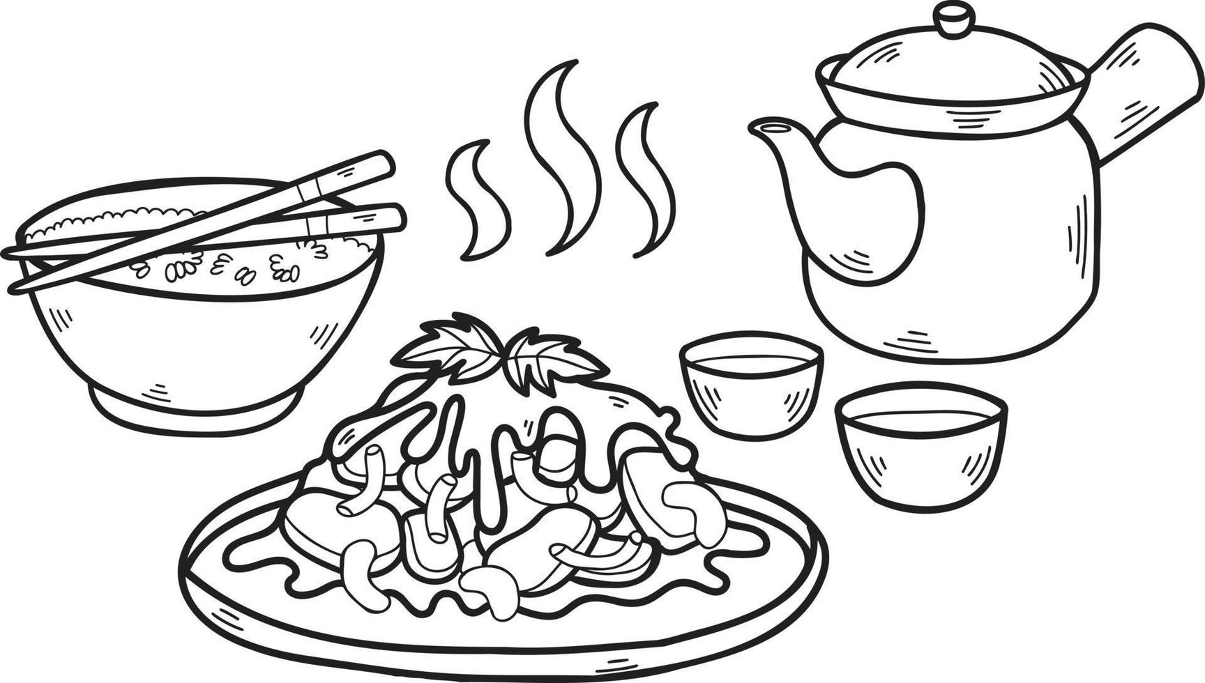 Hand Drawn Set meal with tea Chinese and Japanese food illustration vector