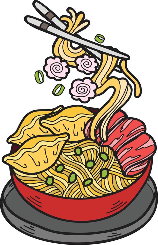 fideos dibujados a mano o ramen comida china y japonesa ilustración vector