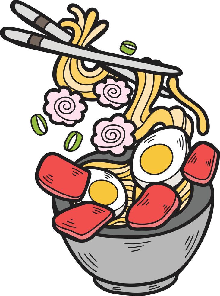 fideos dibujados a mano o ramen comida china y japonesa ilustración vector