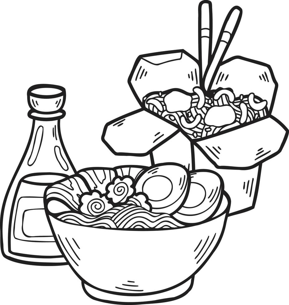 fideos dibujados a mano y fideos instantáneos ilustración de comida china y japonesa vector