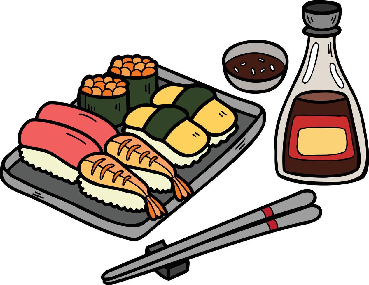 dibujado a mano sushi y palillos ilustración de comida china y japonesa vector