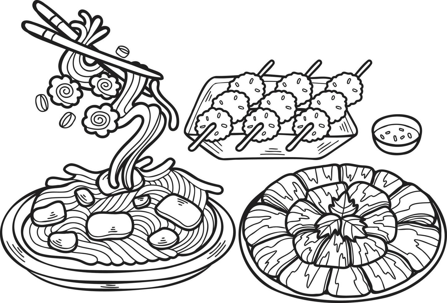 Hand Drawn Noodles and Meatballs Chinese and Japanese food illustration vector