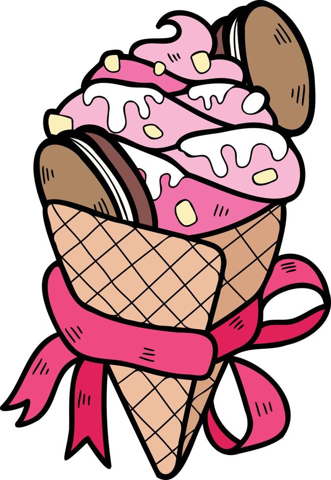 Hand Drawn Strawberry Ice Cream Cone illustration vector