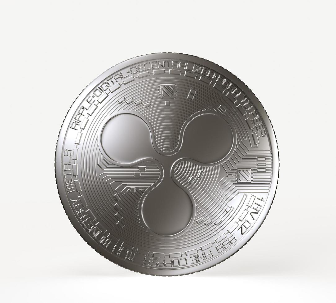 Crypto currency silver coin with ripple symbol on obverse isolated on white background. 3D rendering illustration. photo
