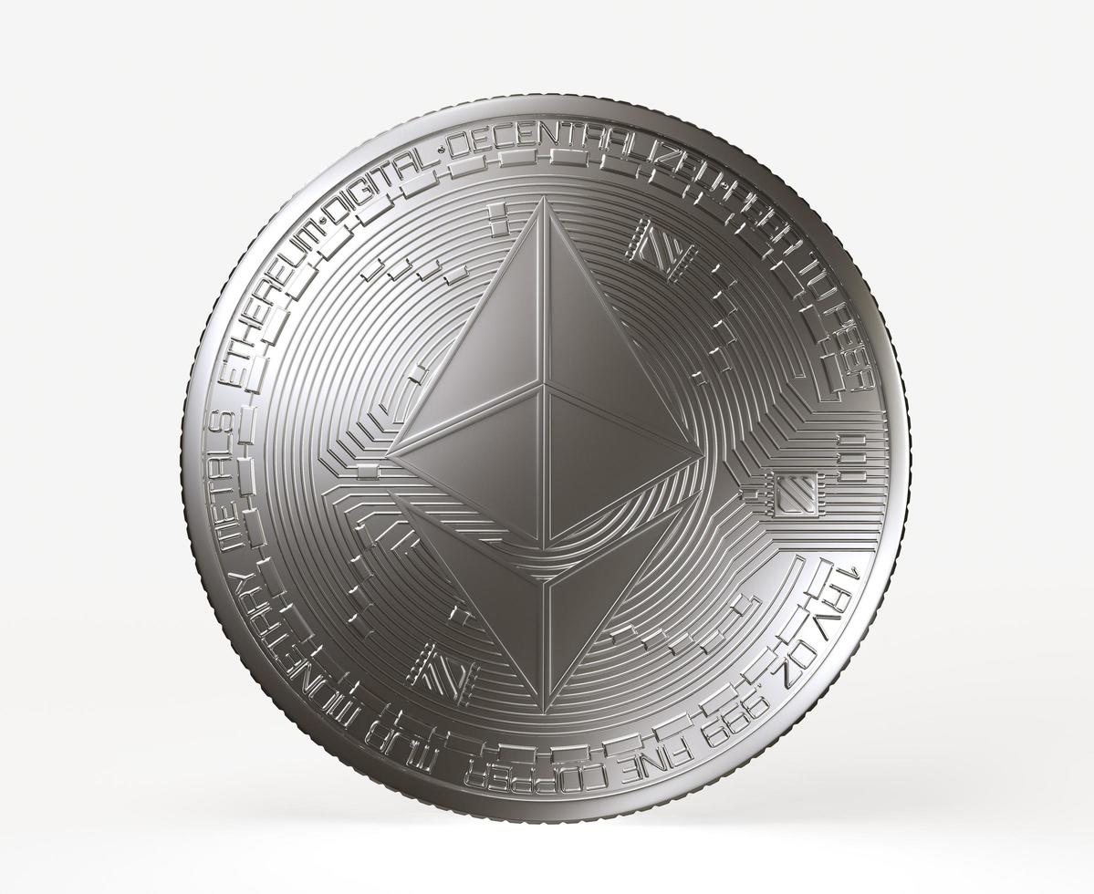 Silver Ethereum coin with Ether sign isolated on white background. 3D rendering illustration. photo