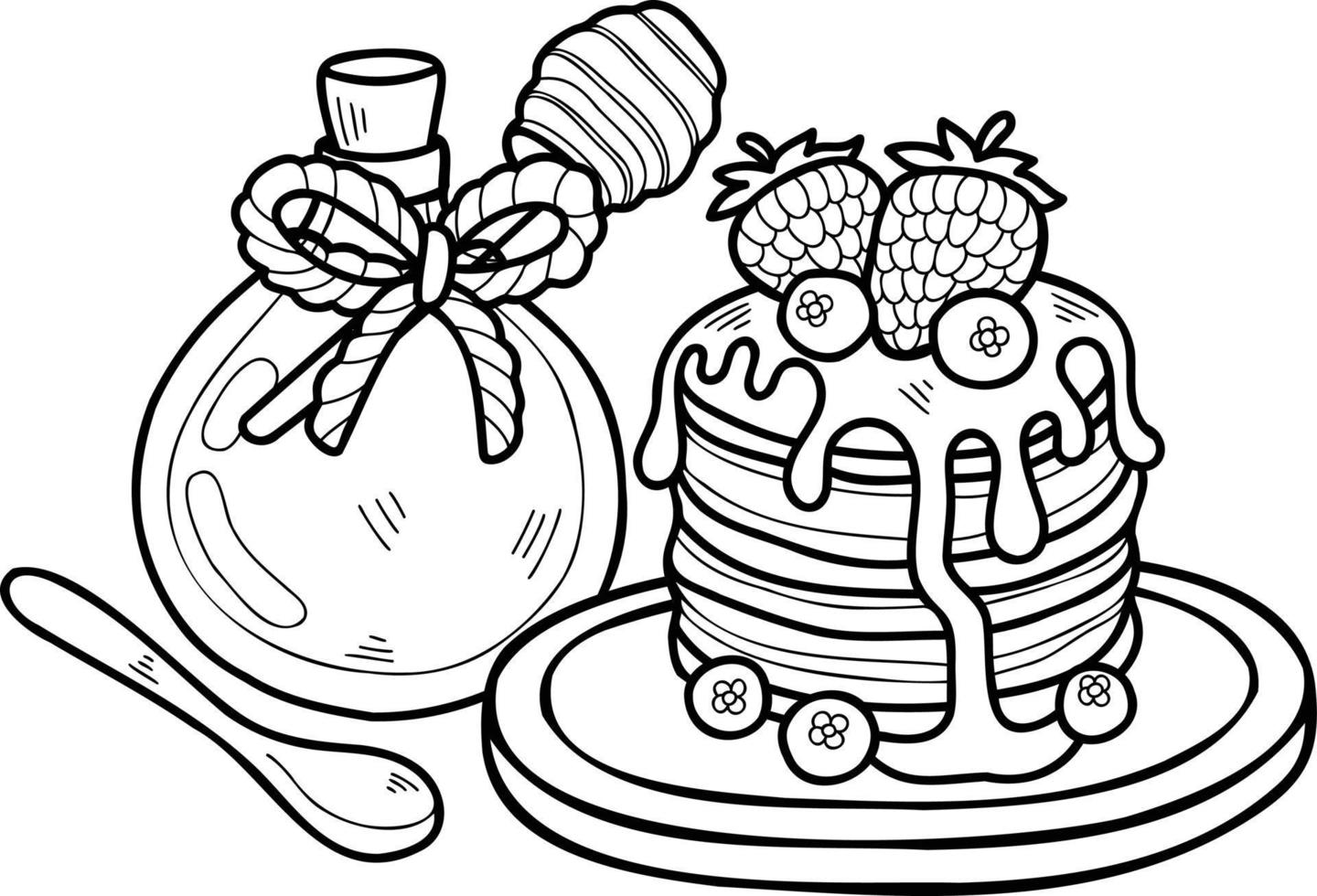 panqueques dibujados a mano con ilustración de miel y fresas vector