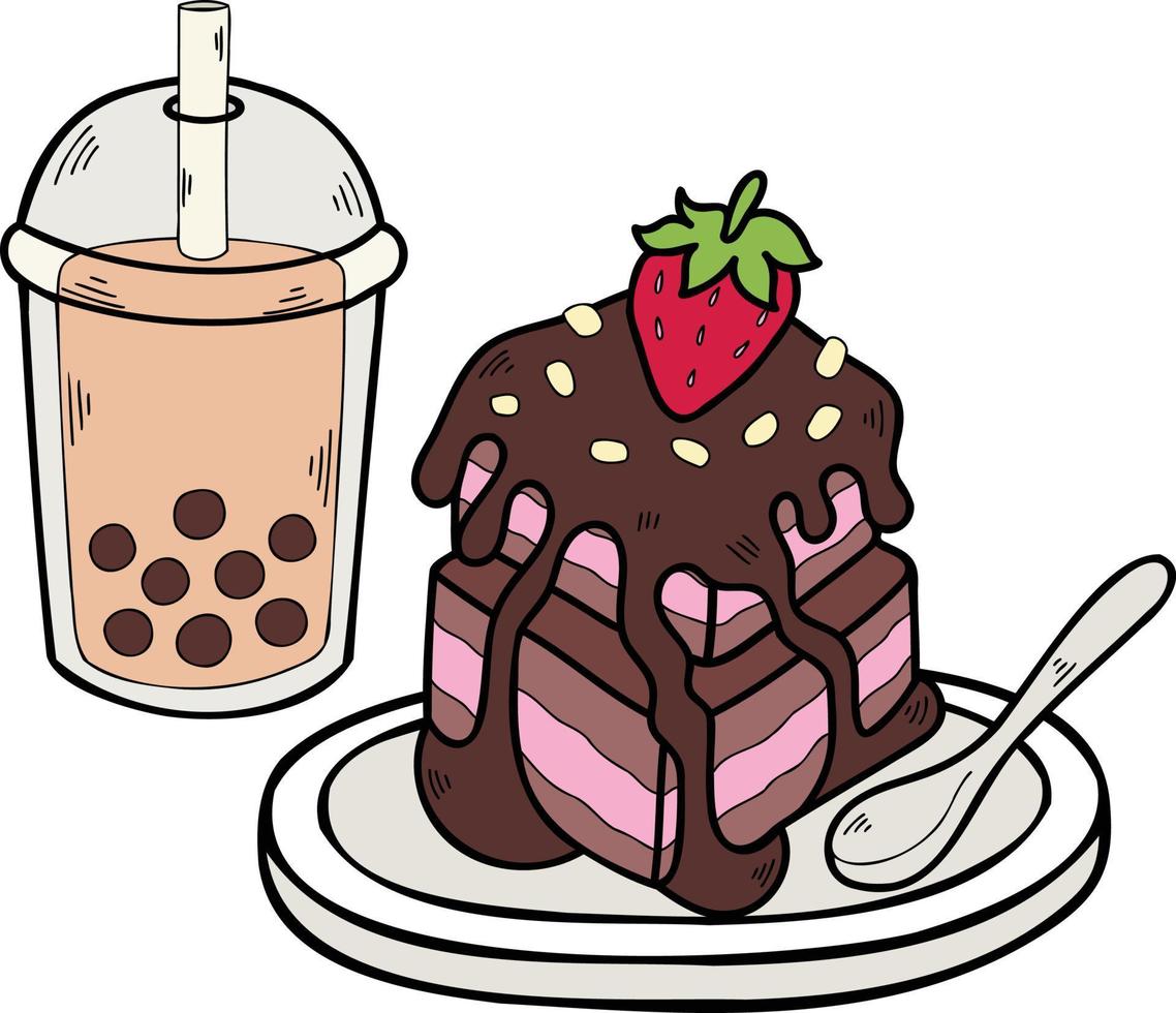 pastel de chocolate dibujado a mano y té de leche con burbujas ilustración vector