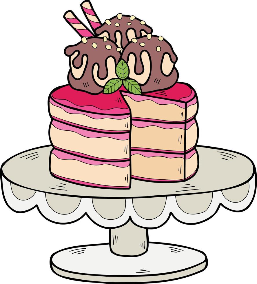 Hand Drawn Strawberry cake on the cake stand illustration vector