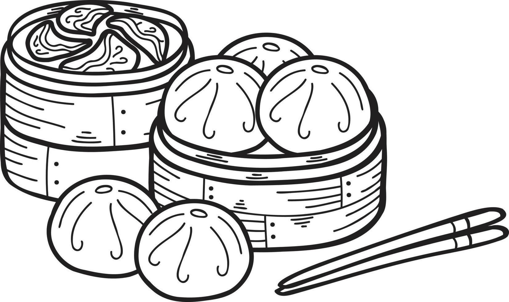 Hand Drawn steamed bun with bamboo tray Chinese and Japanese food illustration vector