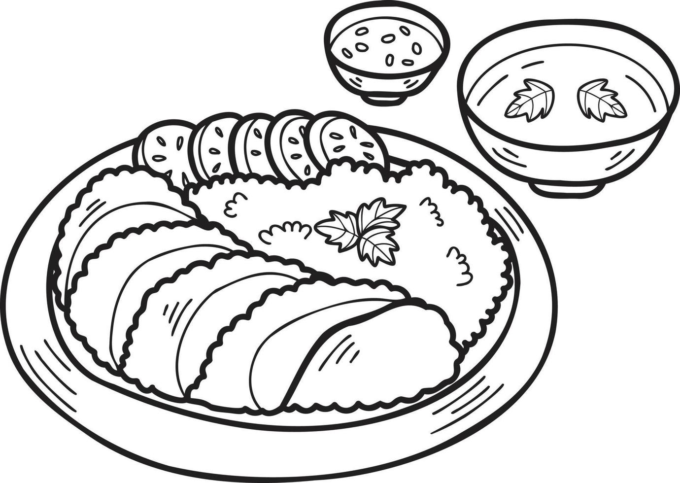 cerdo frito dibujado a mano con arroz y sopa ilustración de comida china y japonesa vector
