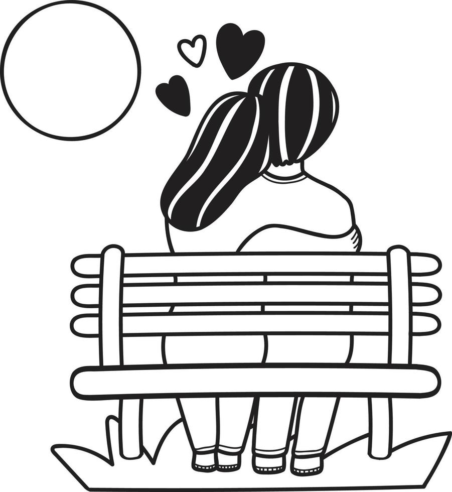 Hand Drawn man and woman sitting on a bench at sunset illustration vector