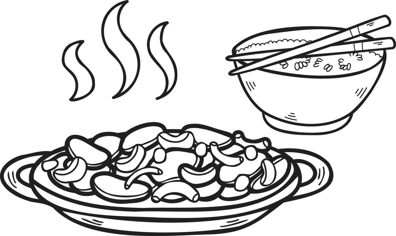 Hand Drawn Rice with Fried Vegetables Chinese and Japanese food illustration vector