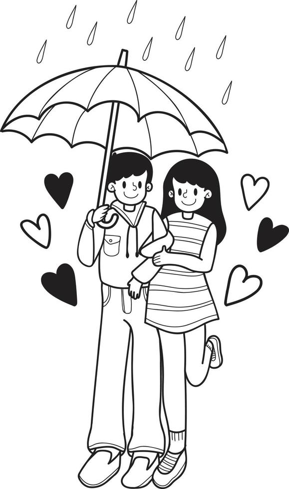 Hand Drawn Couple man and woman holding hands in the rain illustration vector