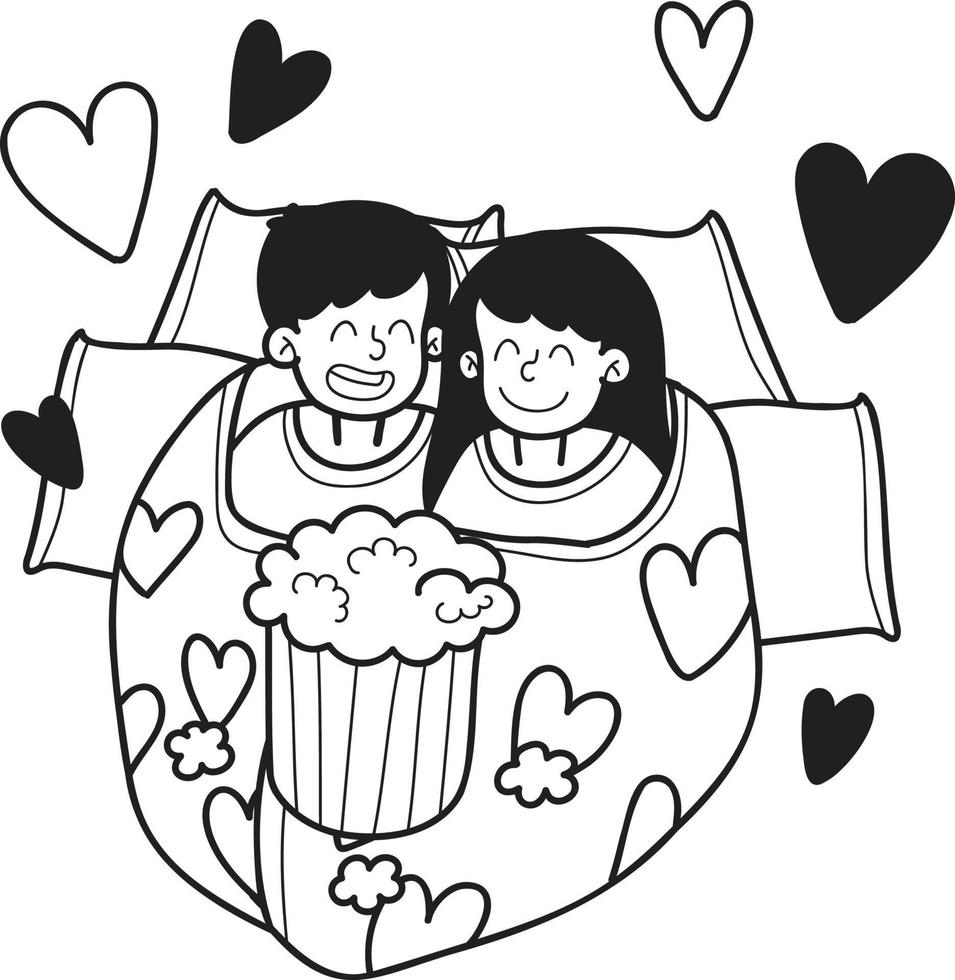 hombre y mujer dibujados a mano viendo una película en una ilustración de manta vector