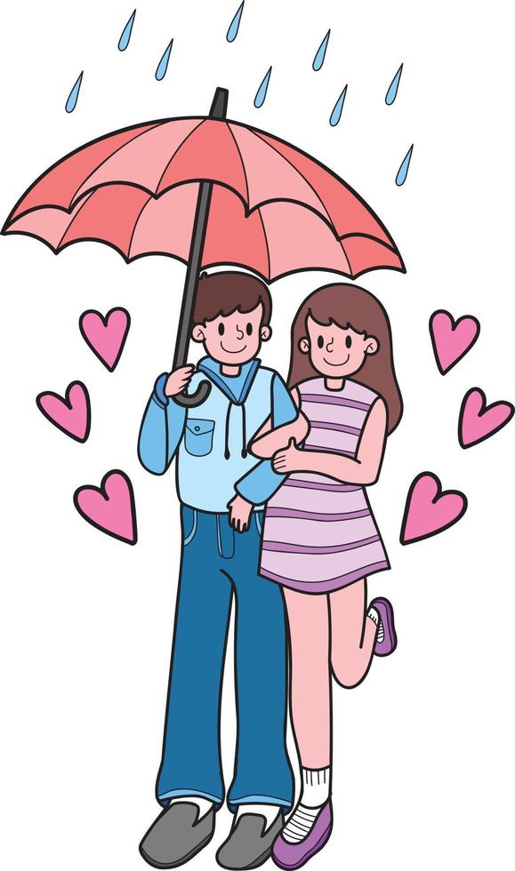 Hand Drawn Couple man and woman holding hands in the rain illustration vector