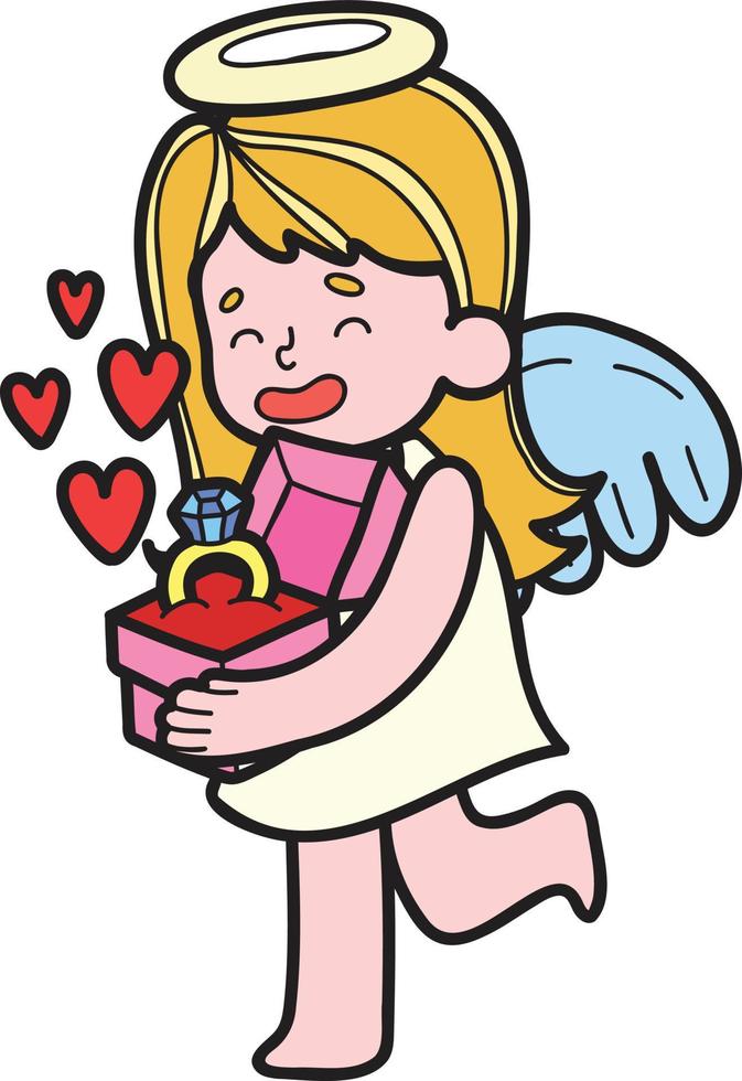 dibujado a mano cupido y anillo de compromiso ilustración vector