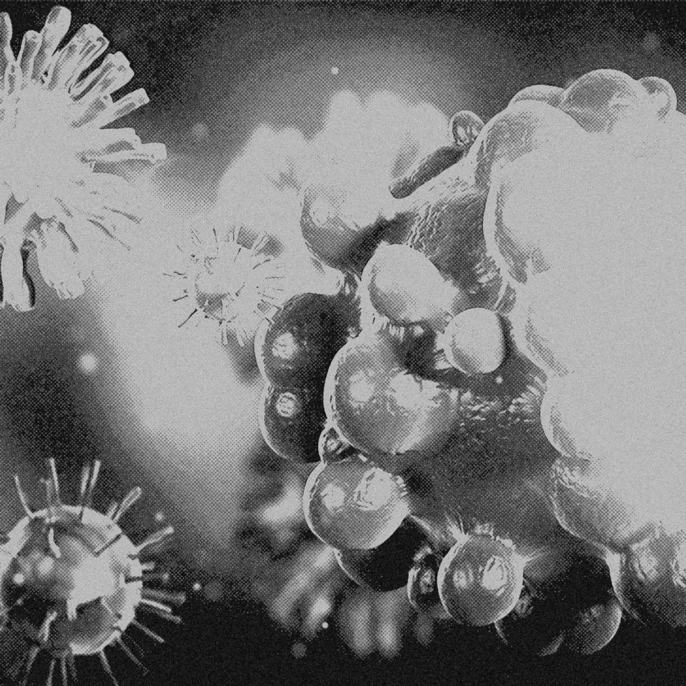 4K Image, Virus. Microscopic view of viruses. Cells, Black and White photo