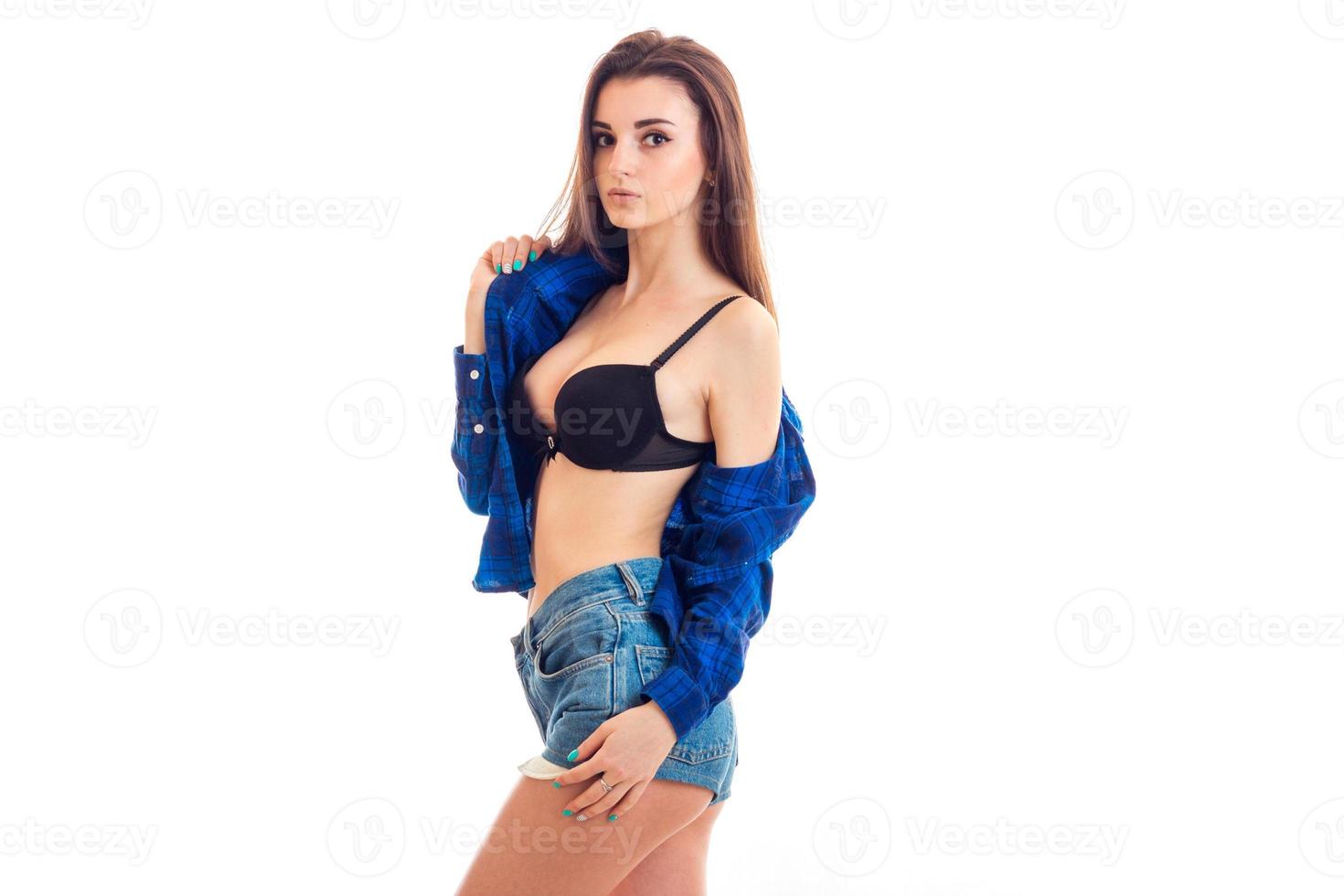 sexy girl take off a blue shirt photo