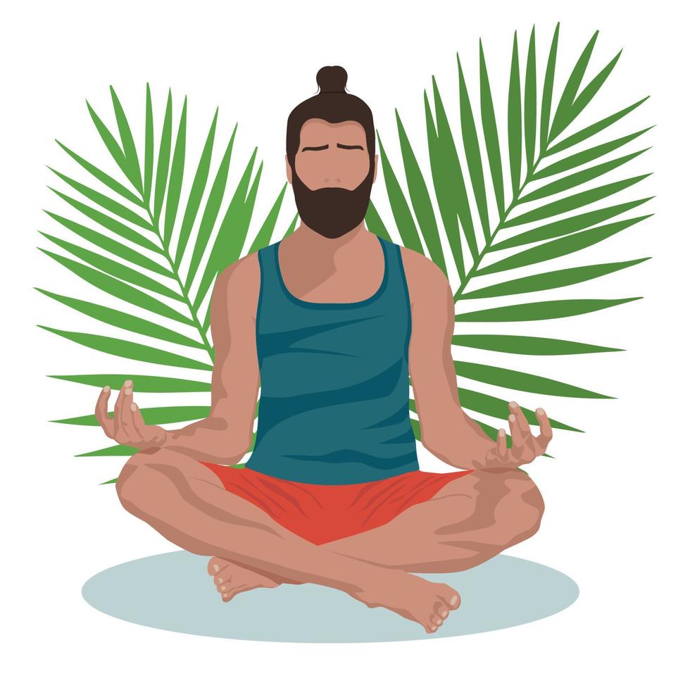 Meditation in the lotus position, a man meditates vector