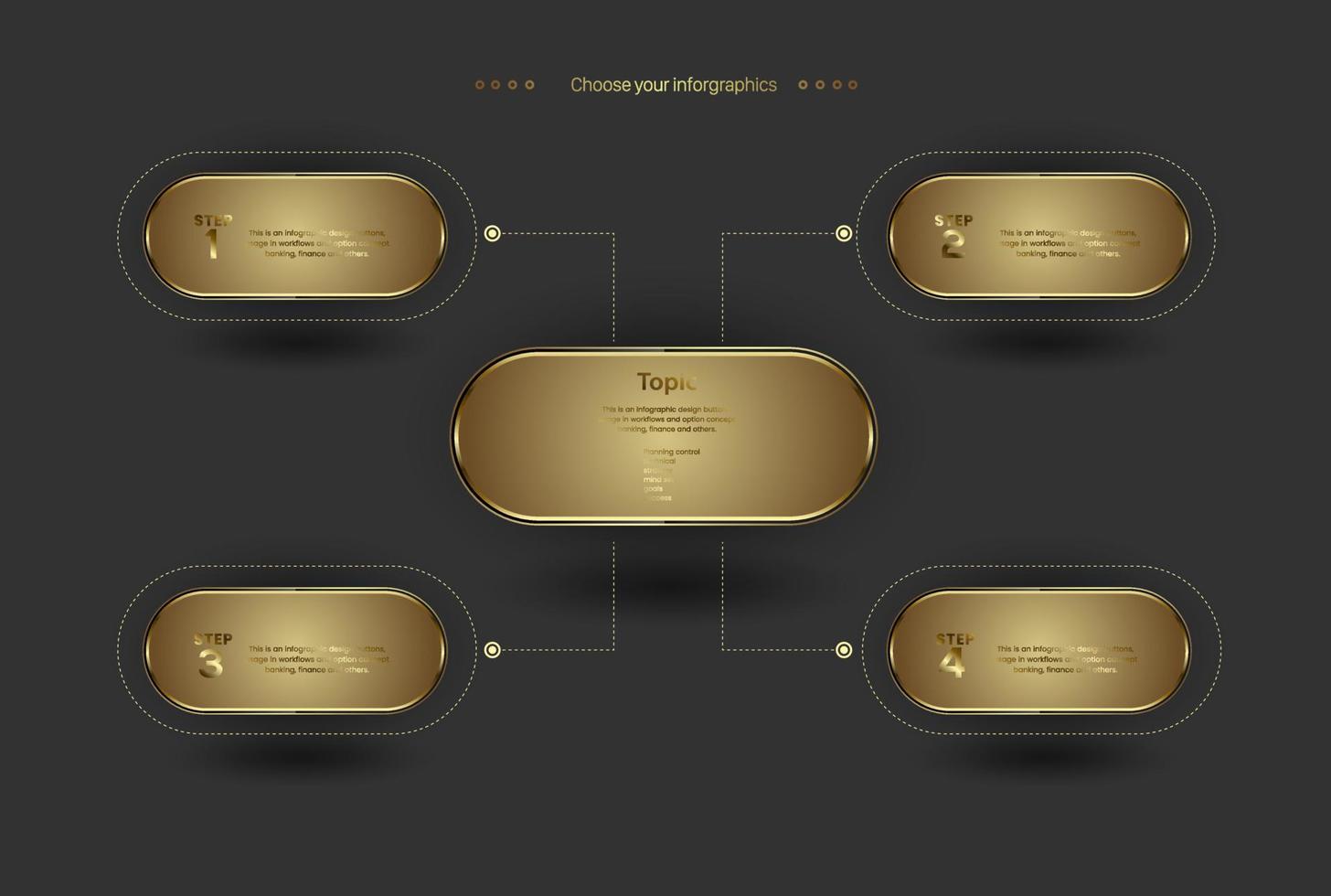SET of Five golden steps banner, 5 gold charts rounded by five shapes oluxury elements, vector and illustrations template infographic.