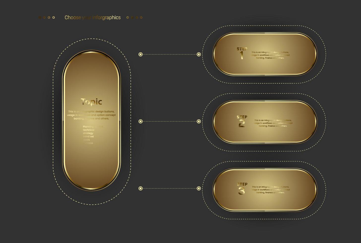 grupo de gráficos dorados de diseño vectorial e ilustrativo, conjunto de cuatro botones dorados y formas premium para pasos de trabajo. vector