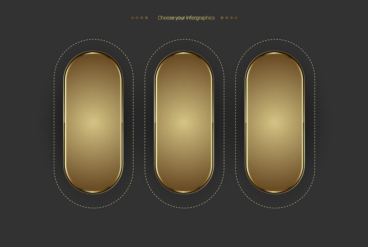 Group of three golden shapes vector and illustration design, set of 3 gold buttons and premium shapes for steps of works.
