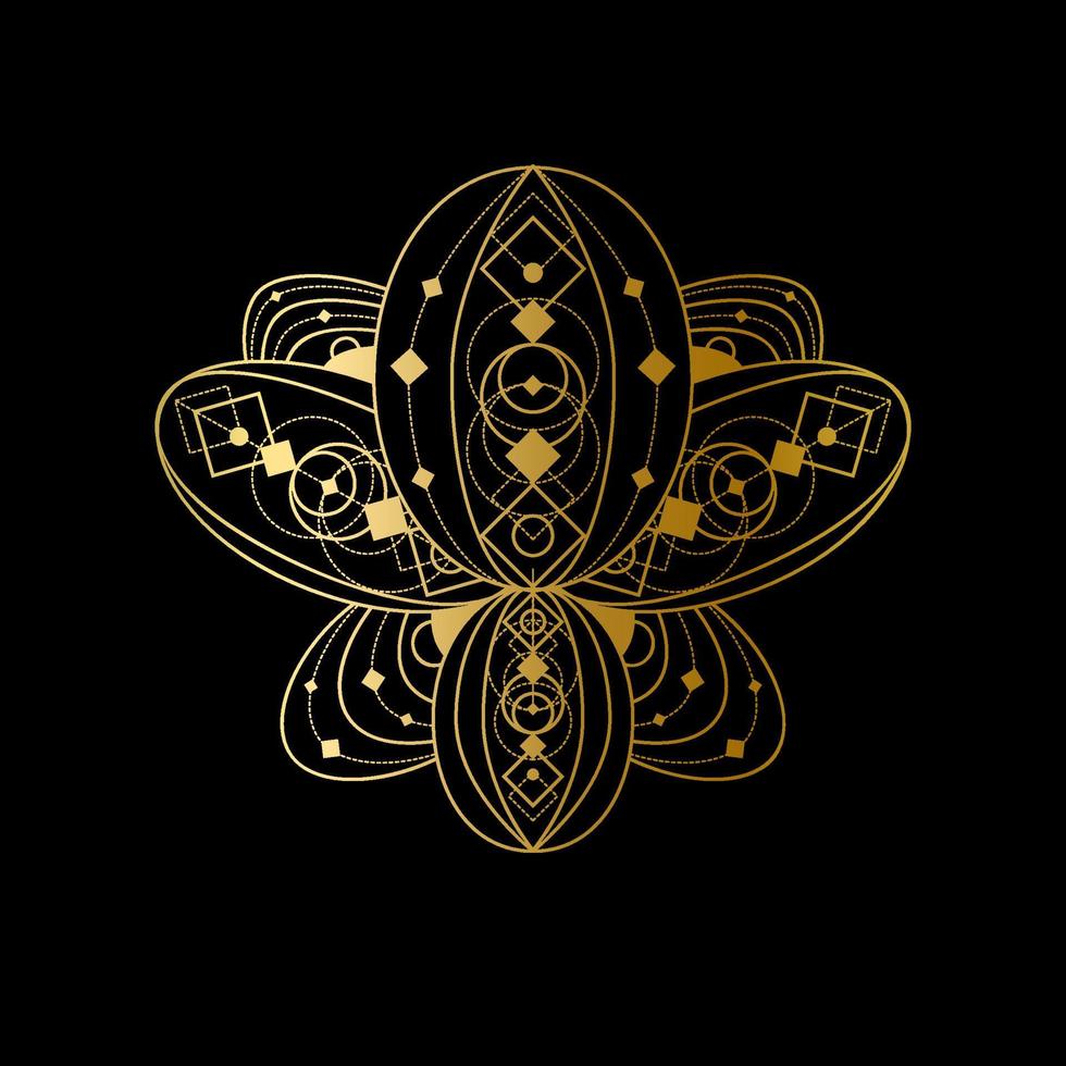 Lotus flower with geometric golden abstract ornament linear illustration vector