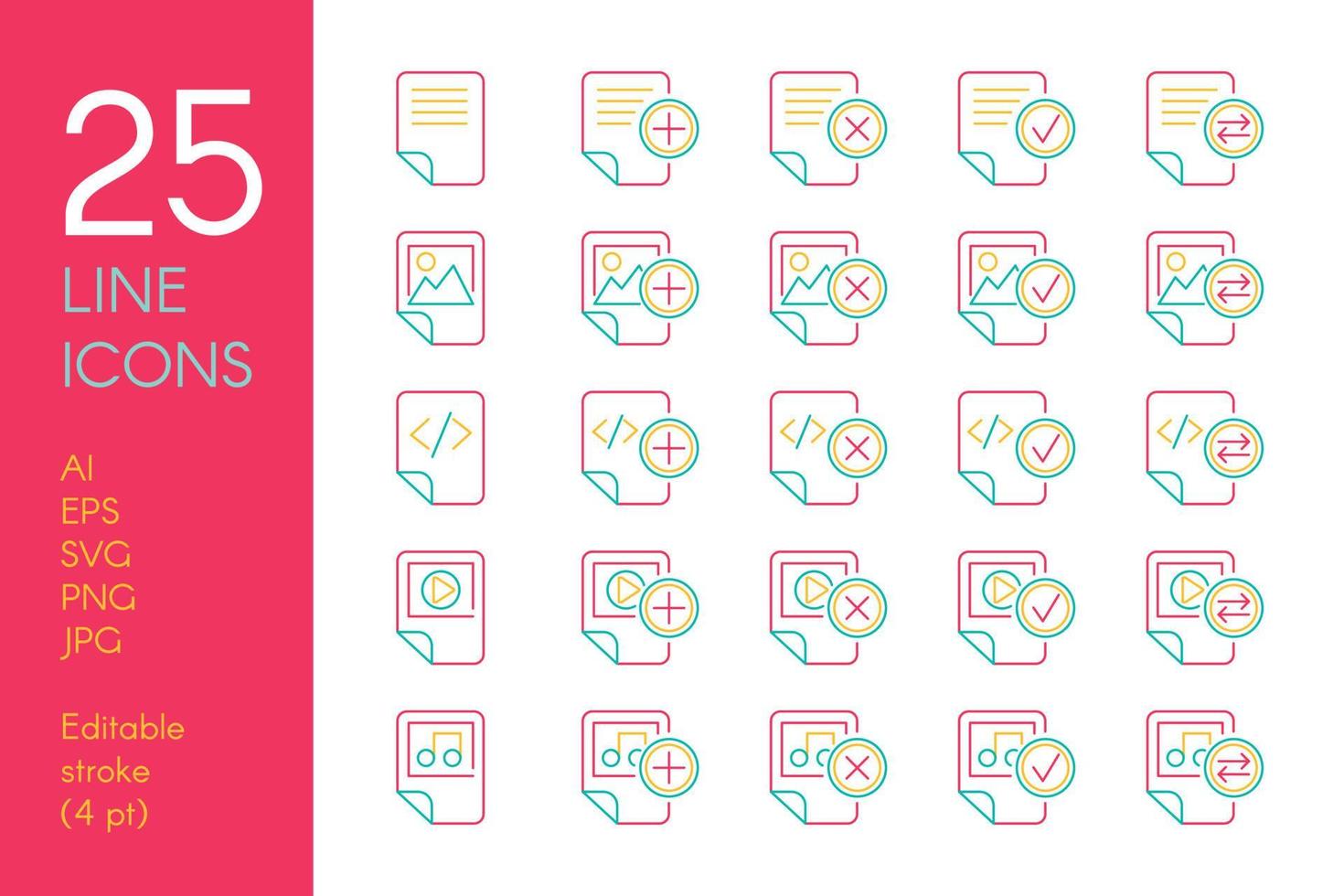 Documents and files color linear icons set vector