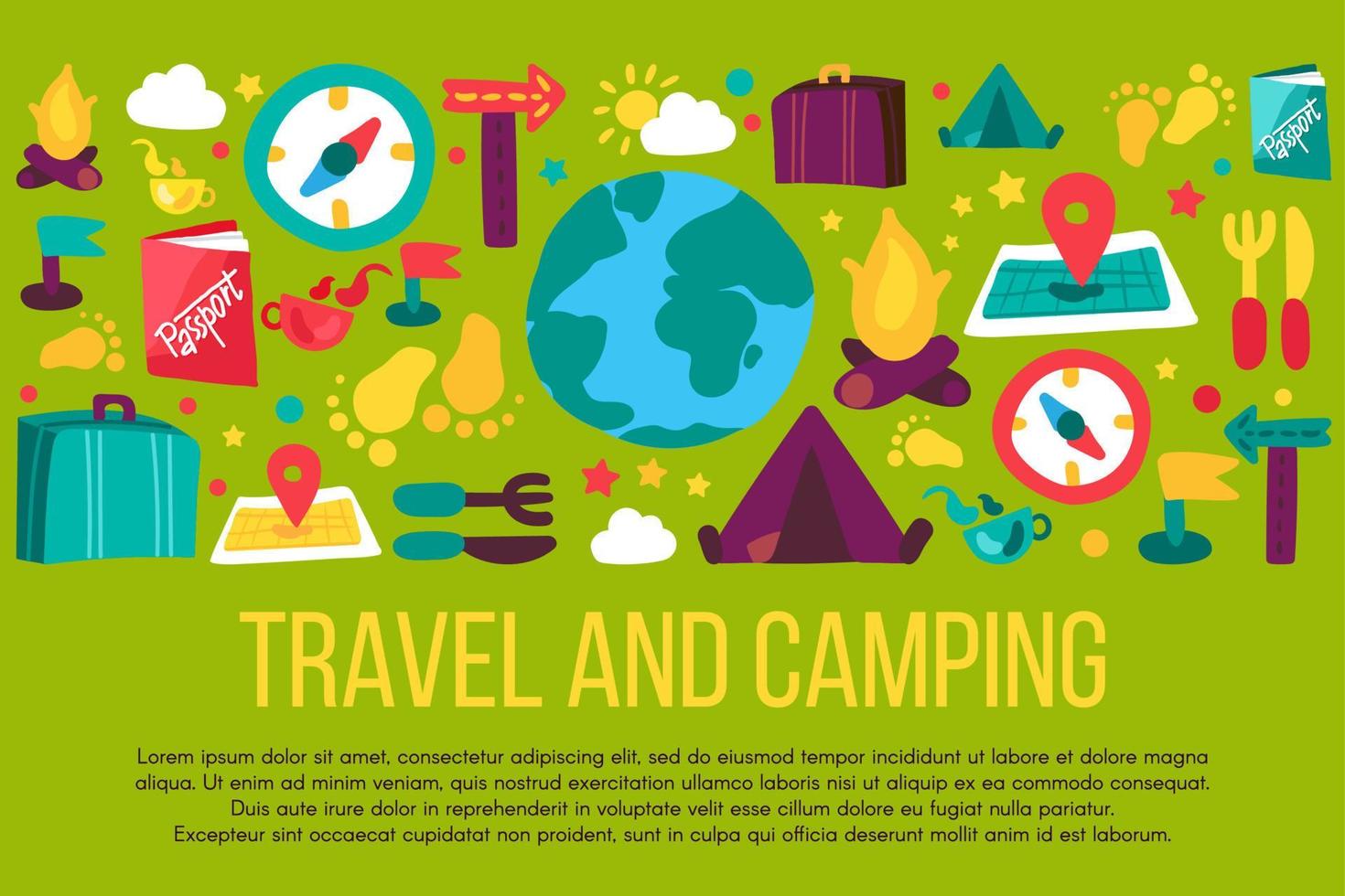 Tourism and camping hand drawn banner with copyspace vector