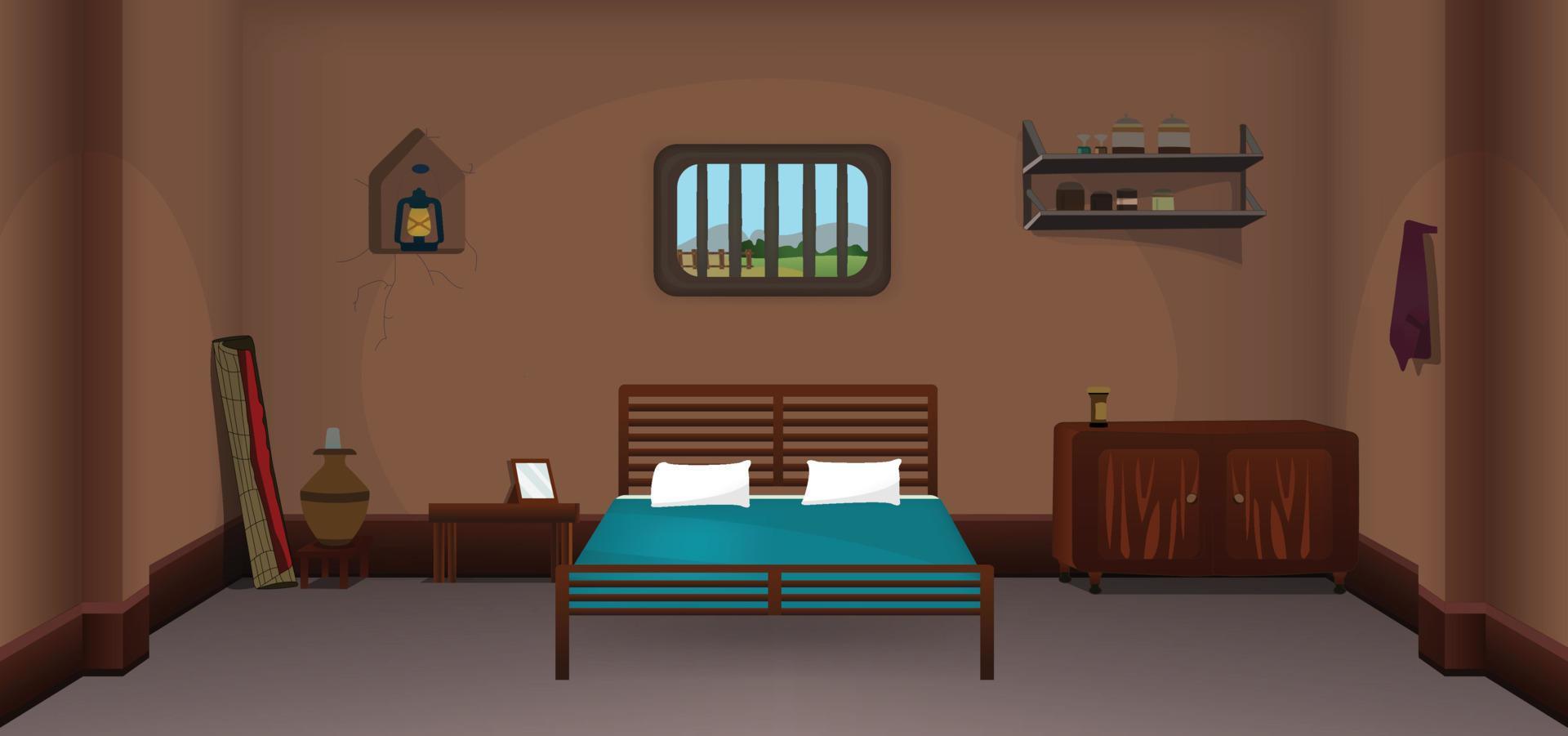 Village room inside cartoon background vector, poor room interior illustration. vector