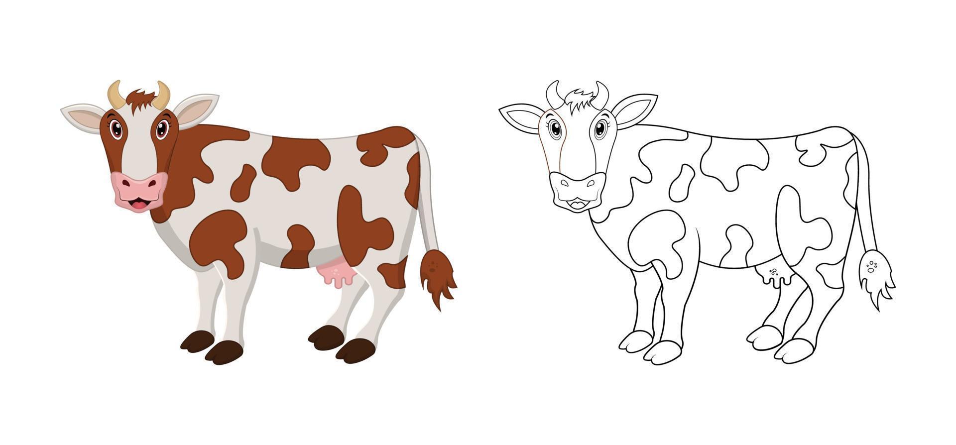 Happy cartoon cow with line art, cow sketch color less page isolated on white background. vector