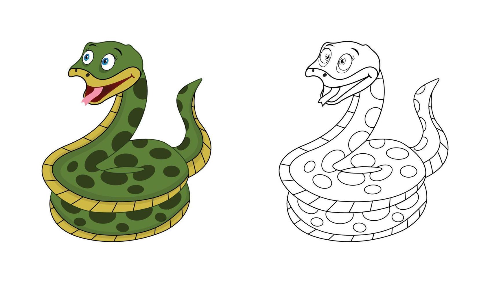 Happy cartoon snake with line art, snake sketch color less page isolated on white background. vector