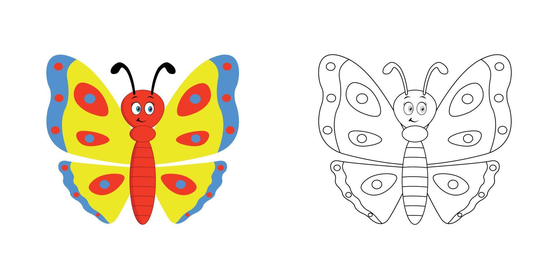 Happy cartoon butterfly with line art, butterfly sketch color less page isolated on white background. vector