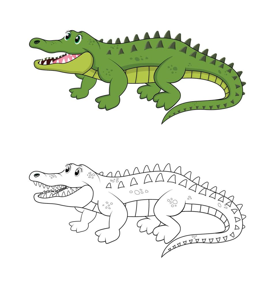 Happy cartoon alligator with line art, alligator sketch color less page isolated on white background. vector