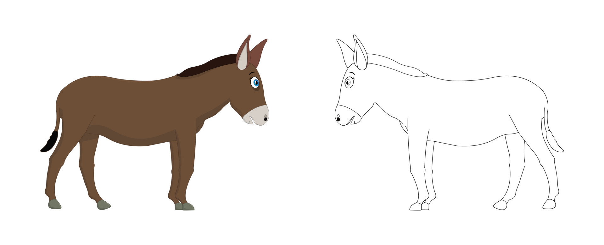 Happy cartoon donkey with line art, donkey sketch color less page