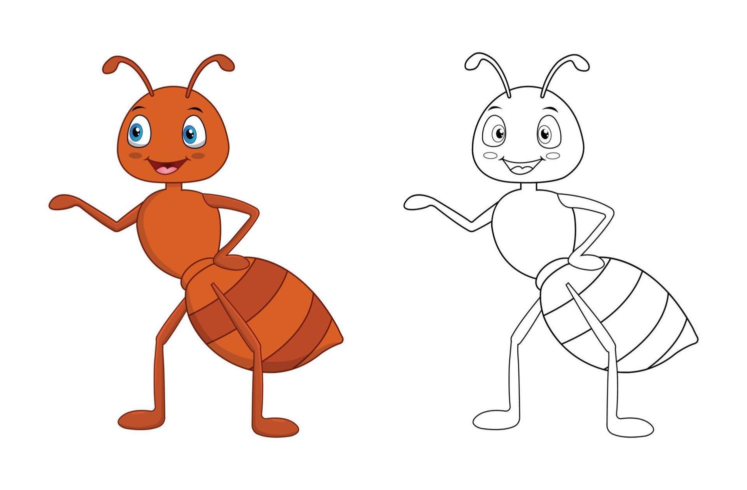 Happy cartoon ant with line art, ant sketch color less page isolated on white background. vector