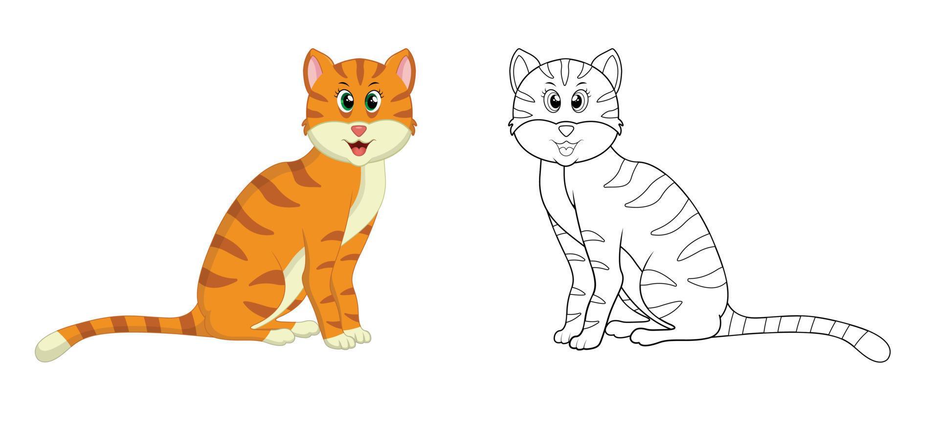 Happy cartoon cat with line art, cat sketch color less page isolated on
