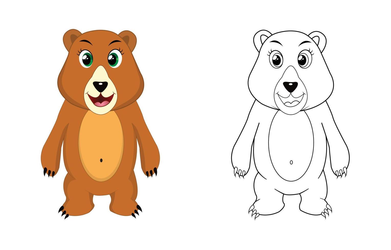 Happy cartoon bear with line art, bear sketch color less page isolated on white background. vector