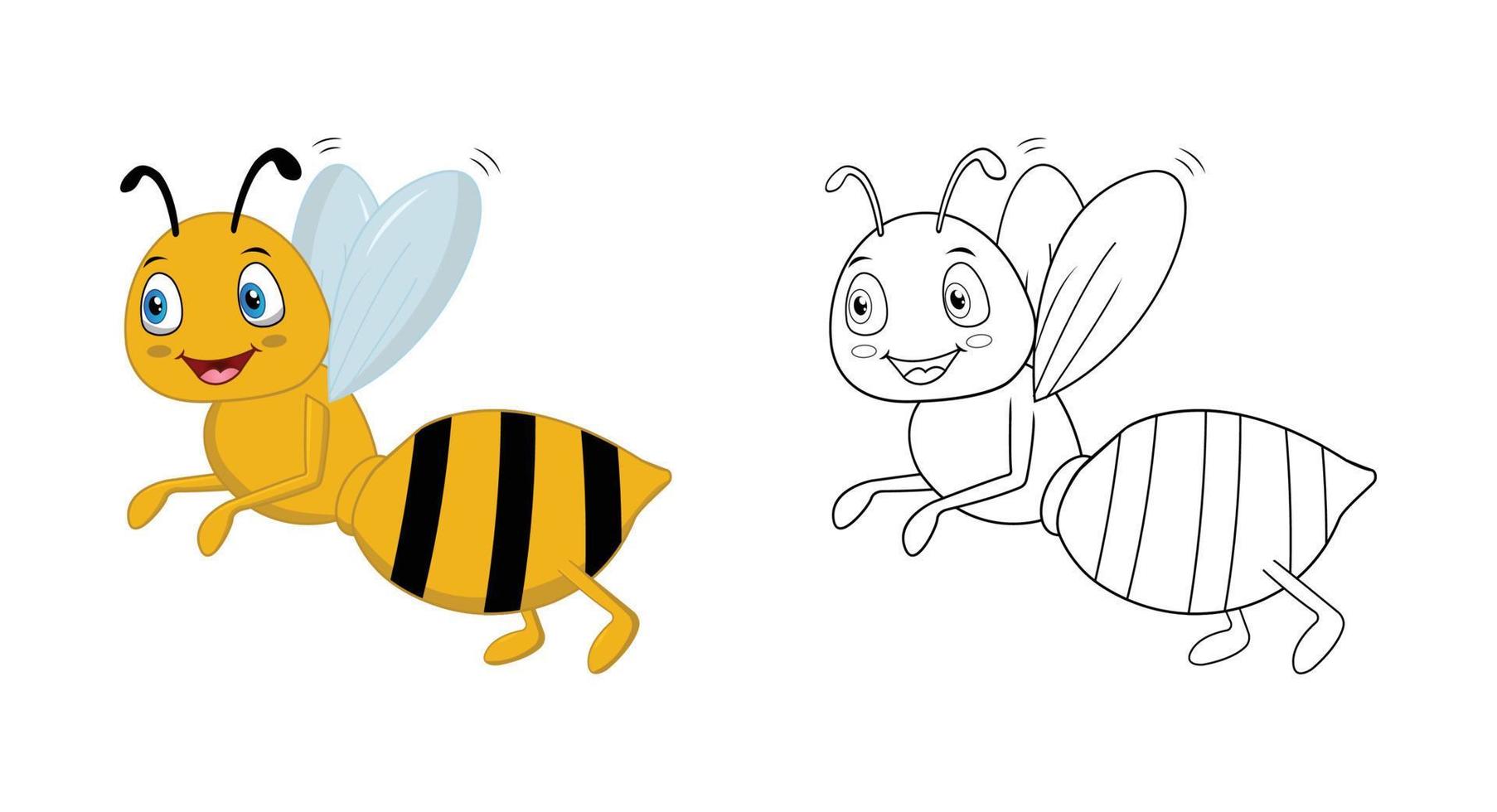 Happy cartoon bee with line art, bee sketch color less page isolated on white background. vector