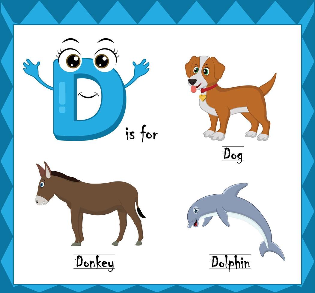 Letter d vector, alphabet d for dog, dolphin, donkey animals, english alphabets learn concept. vector