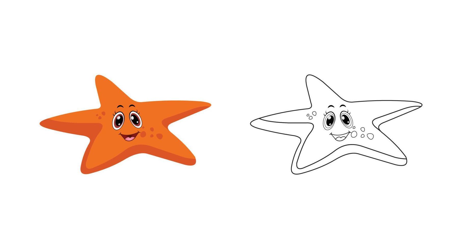 Happy cartoon starfish with line art, starfish sketch color less page isolated on white background. vector