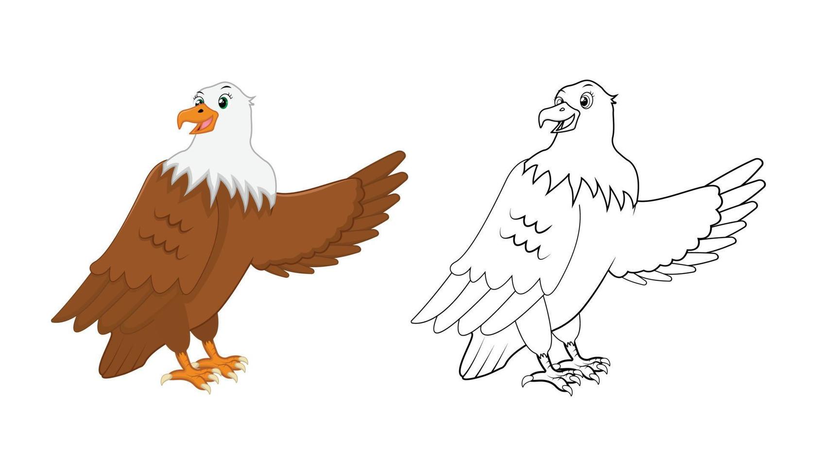 águila feliz de dibujos animados con arte lineal, boceto de águila color menos página aislada sobre fondo blanco. vector